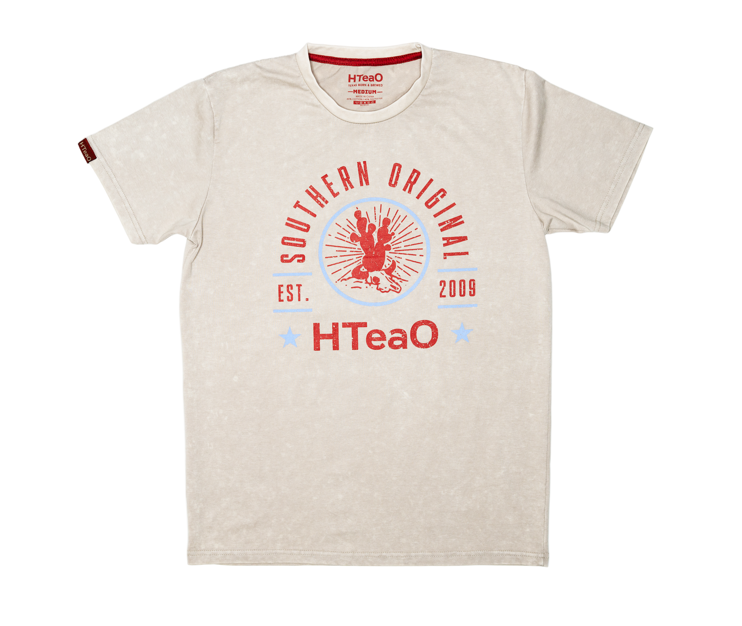 Beige t-shirt with a logo and text on a white background