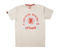 Beige t-shirt with a logo and text on a white background