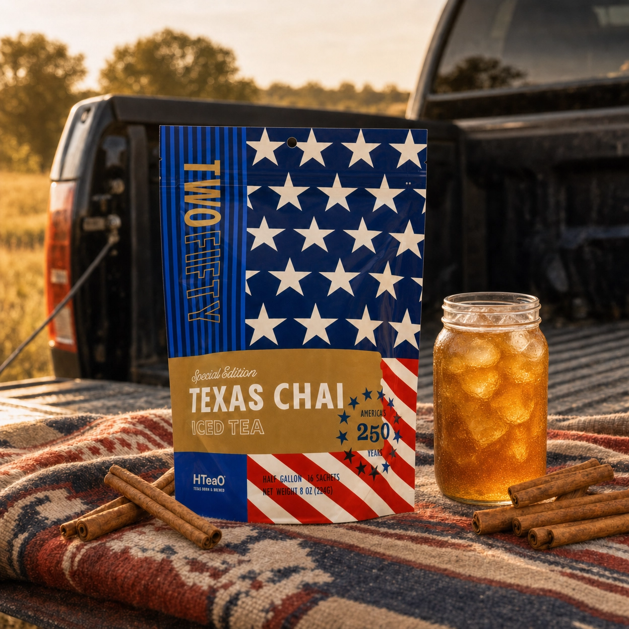 Texas Chai iced tea package with a jar of iced tea and cinnamon sticks on a blanket outdoors.
